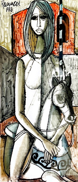 Untitled Portrait of a Woman on the Carousel Watercolor 1968 30x16 Watercolor by Lucio Ranucci