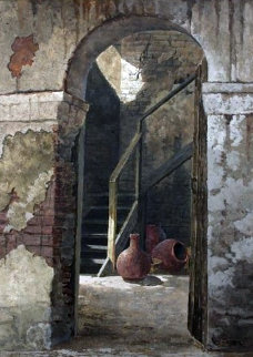 In the Courtyard San Juan Bautista Watercolor 1969 30x22 Watercolor - Ray Swanson In the Courtyard San Juan Bautista Watercolor 1969 30x22 Watercolor - Ray Swanson