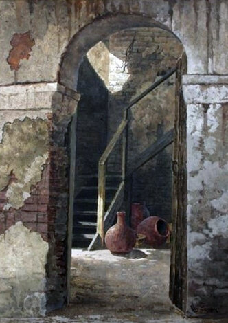 In the Courtyard San Juan Bautista, California -  Watercolor  1969 30x22 - Very Early Watercolor - Ray Swanson