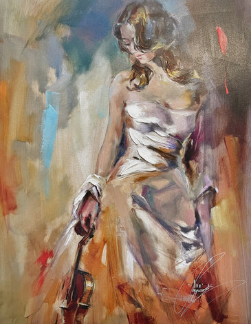 Holding the Violin - Framed Embellished Giclee on Canvas  - Huge 40x30 - Signed Twice Limited Edition Print - Anna Razumovskaya