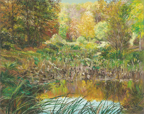 Sunlight on Autumn Pond 24x30 - Wheaton, Maryland Original Painting - Joann Rea
