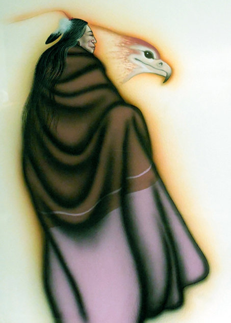 Native American Woman and Eagle Watercolor 1990 32x39 Original Painting by Robert Redbird, Sr.