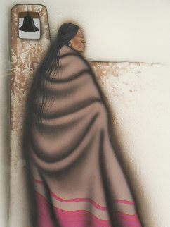 Native American Woman & Mission Bell 1990 33x41 Original Painting - Robert Redbird, Sr. Native American Woman & Mission Bell 1990 33x41 Original Painting - Robert Redbird, Sr.