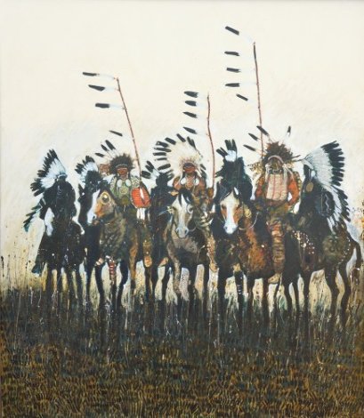 Three Warriors With Coup Sticks 1991 48x42 Original Painting - Kevin Redstar