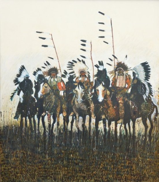 Three Warriors With Coup Sticks 1991 48x42 Original Painting by Kevin Redstar