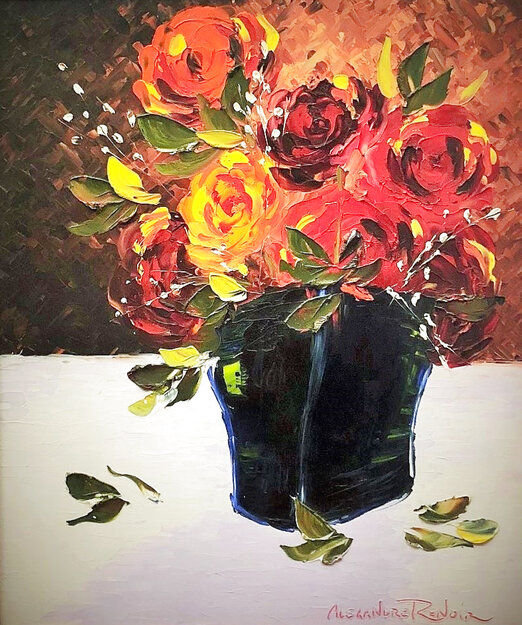 Still Life with Flowers 36x32 Original Painting - Alexandre Renoir