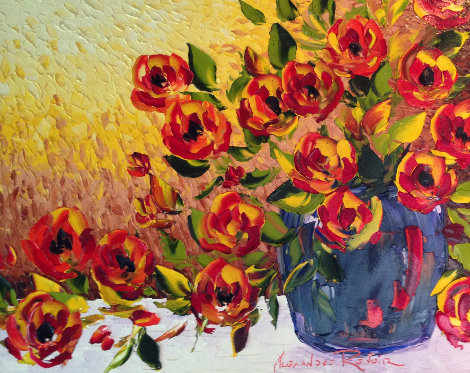 Orange And Red Tulips in Blue Vase 2010 42x36 Original Painting - Alexandre Renoir