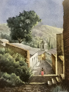 Town in Pueblo Watercolor 1991 30x22 Watercolor - Ruben Resendiz Town in Pueblo Watercolor 1991 30x22 Watercolor - Ruben Resendiz