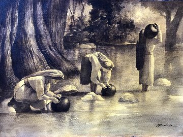 Lavando En El Rio Watercolor 30x40 Watercolor - Ruben Resendiz Lavando En El Rio Watercolor 30x40 Watercolor - Ruben Resendiz
