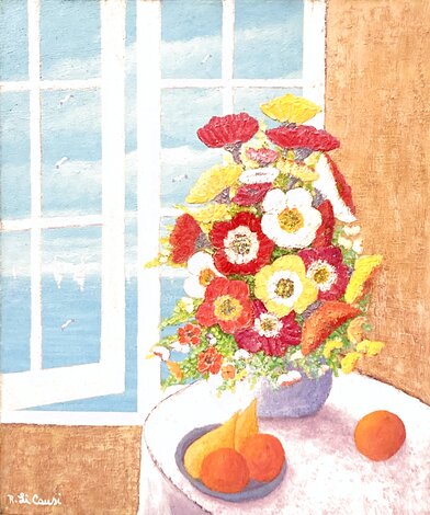 Still Life of Flowers and Fruit 2000 - 20x24 Acrylic on Canvas - Signed Twice Original Painting - Rino Li Causi