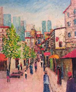 Street With World Trade Center 1970 24x18 Original Painting - Rino Li Causi Street With World Trade Center 1970 24x18 Original Painting - Rino Li Causi