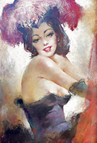 Brunette with Red Feather Hat 27x33 Original Painting - Julian Ritter