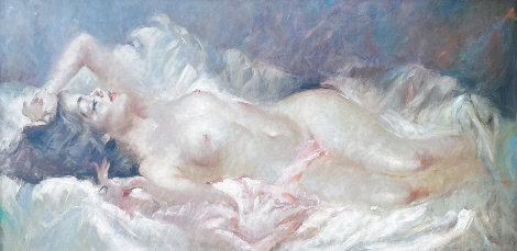 Reclining Nude Brunette 17x29 Original Painting - Julian Ritter