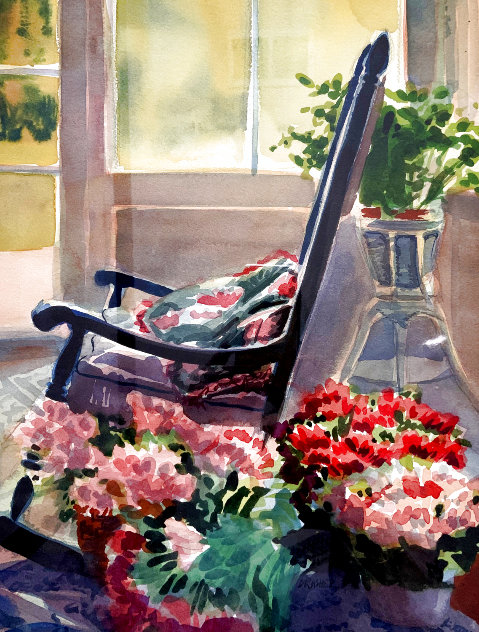 Untitled Rocking Chair and Flowers Watercolor  21x17 Watercolor by Robert Brasher