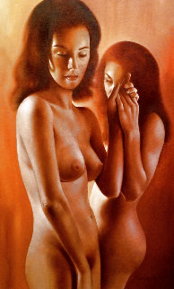 Two Nudes Holding Hands 43x31 Huge Original Painting - Roberto Lupetti