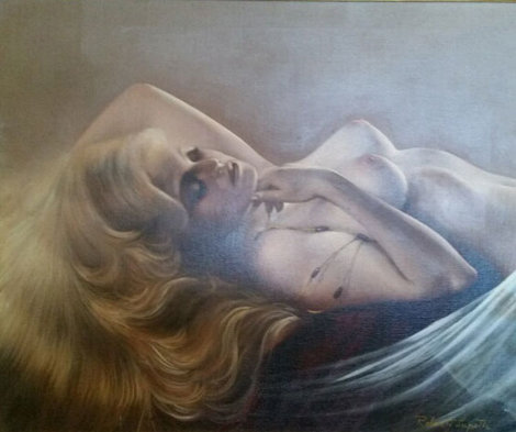 Reclining Blond  Nude By Pool 30x34 Original Painting - Roberto Lupetti