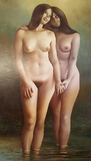 Nude Women in Pond 36x24 Original Painting - Roberto Lupetti