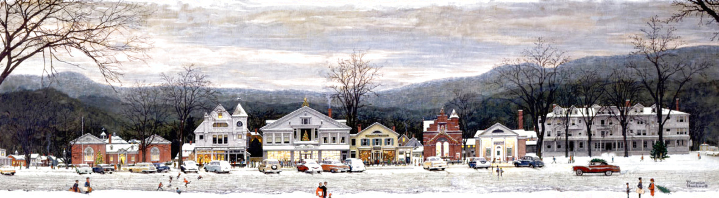 Main Street Stockbridge Christmas 1970 Lithograph 12x32 by Norman Rockwell