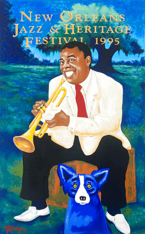 Louis Armstrong and Blue Dog New Orleans Jazz Festival 1995 - Huge Limited Edition Print - Blue Dog George Rodrigue