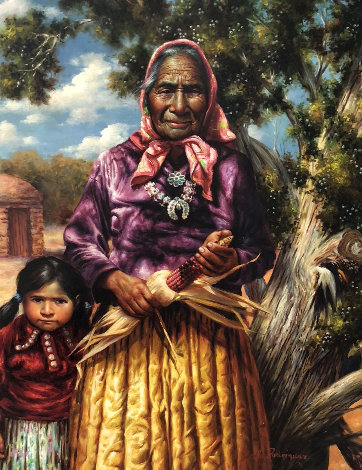 Visiting Grandmother 1974 35x30 Original Painting - Alfredo Rodriguez