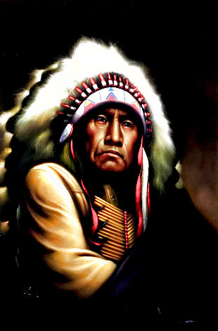 Untitled Native American Portrait 1980 42x31 - Huge Original Painting - Alfredo Rodriguez