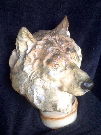 Ghost Wolf's Head Bust Bronze Sculpture 1992 16 in Sculpture - Ron Chapel