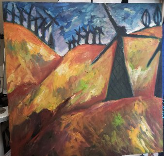 Windmill on the 580 to San Francisco 1991 36x36 Original Painting - Sarena Rosenfeld Windmill on the 580 to San Francisco 1991 36x36 Original Painting - Sarena Rosenfeld