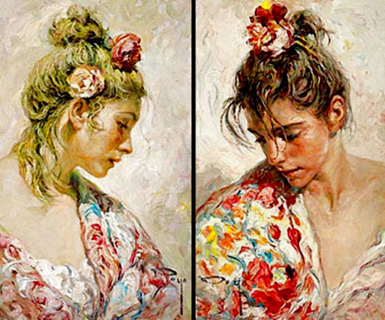 Shawl Suite of 2 Paintings: Claveles -  And El Manton 1990 28x22  Original Painting by  Royo