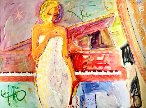 Woman and Piano Embellished Giclee  -  Sabzi