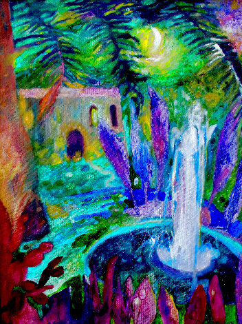 Fountain in the Moonlight 2005 27x23 Original Painting - Dixie Salazar