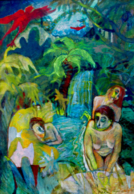 Three Redheads at the Waterfall 2023 29x25 Original Painting by Dixie Salazar