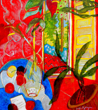 Red Interior with Anthuriums 2019 24x20 Original Painting - Dixie Salazar