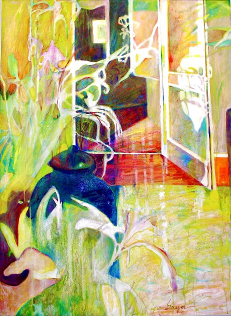 Lilies and Hiding Cat 2015 46x37 - Huge Original Painting by Dixie Salazar