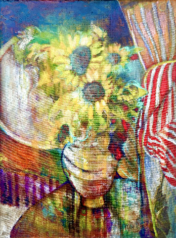 Sunflowers and Stripes 2016 25x21 Original Painting - Dixie Salazar