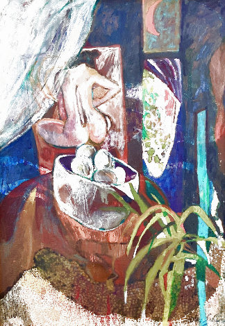 Portrait of Nude with Bowl of Eggs 2017 31x21 Original Painting - Dixie Salazar