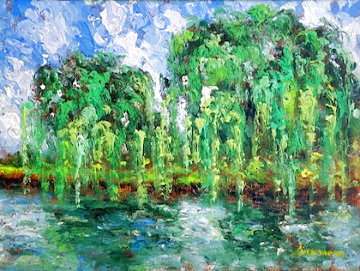 Twin Weeping Willows 2001 21x17 Signed Twice Original Painting - Samir Sammoun Twin Weeping Willows 2001 21x17 Signed Twice Original Painting - Samir Sammoun