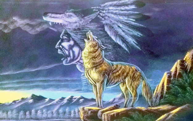 Ernesto Sanchez Wolf Howling At The Moon With A Spirit Chief