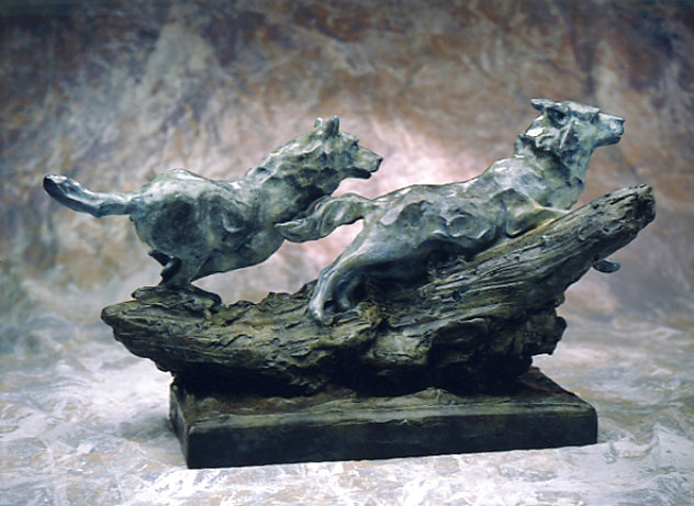 Chase Wolves Bronze Sculpture 2000 22 in Sculpture by Sherry Sander