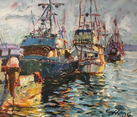 Fishing Boats 1978 17x20 (Early) Original Painting - Marco Sassone