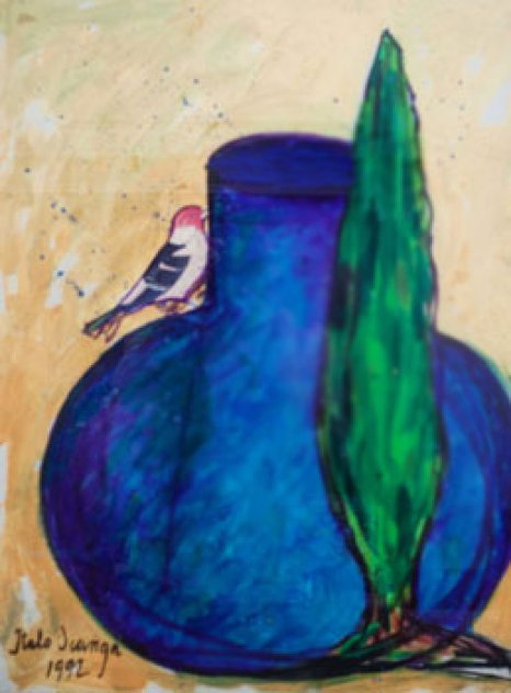 Bird on Blue Jar With Italian Cypress 1992 30x28 Original Painting by Italo Scanga