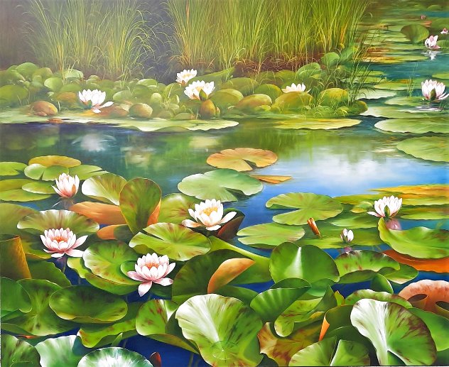 Seerosen (Water Lilies) 1990 39x47 Huge Original Painting by Heinz Scholnhammer