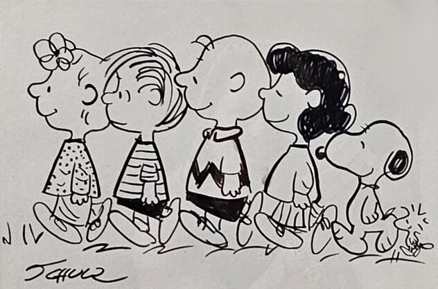 Sally, Linus, Charlie Brown, Lucy, Snoopy, Woodstock Drawing  14x18 Drawing by Charles Schulz