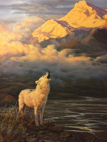 Alpine Glow Arctic Wolf 1986 54x36 Original Painting - John Seerey-Lester