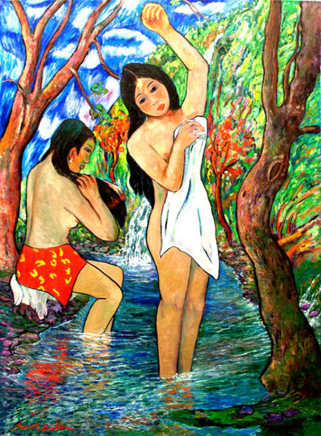 Two Bathers By Stream 1985 72x50 Huge Original Painting by Manor Shadian