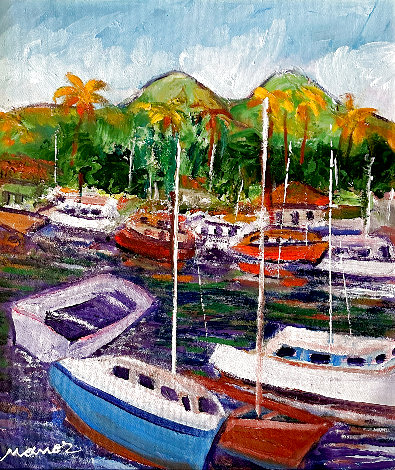 Boats in Hawaiian Bay 27x22 - Maui, Hawaii Original Painting - Manor Shadian