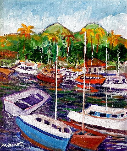Boats in Hawaiian Bay 27x22 - Maui, Hawaii Original Painting by Manor Shadian