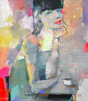 She Just Loves Coffee 2020 32x28 Original Painting - Victor Sheleg She Just Loves Coffee 2020 32x28 Original Painting - Victor Sheleg