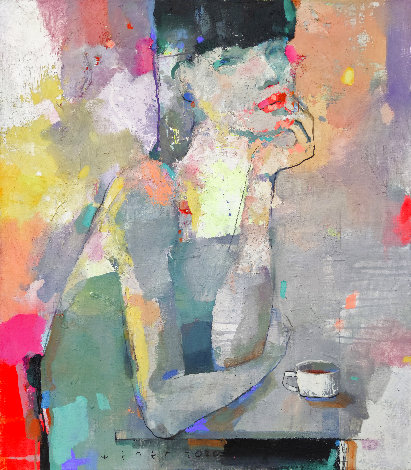 She Just Loves Coffee 2020 32x28 Original Painting - Victor Sheleg