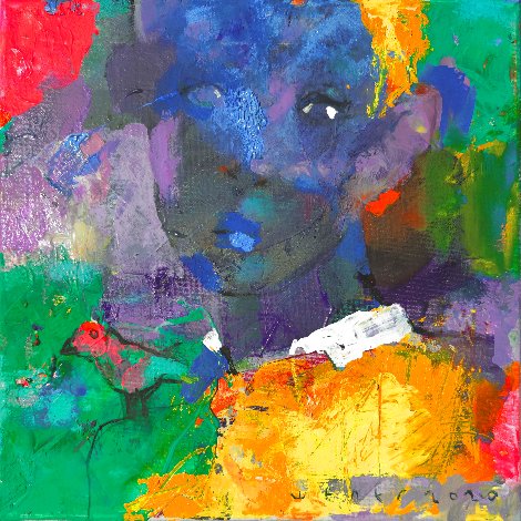 Young Boy with Little Bird 2020 13x13 Original Painting - Victor Sheleg
