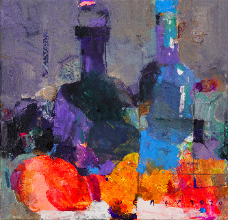 Bottles and Fruits 2020 13x13 Original Painting - Victor Sheleg